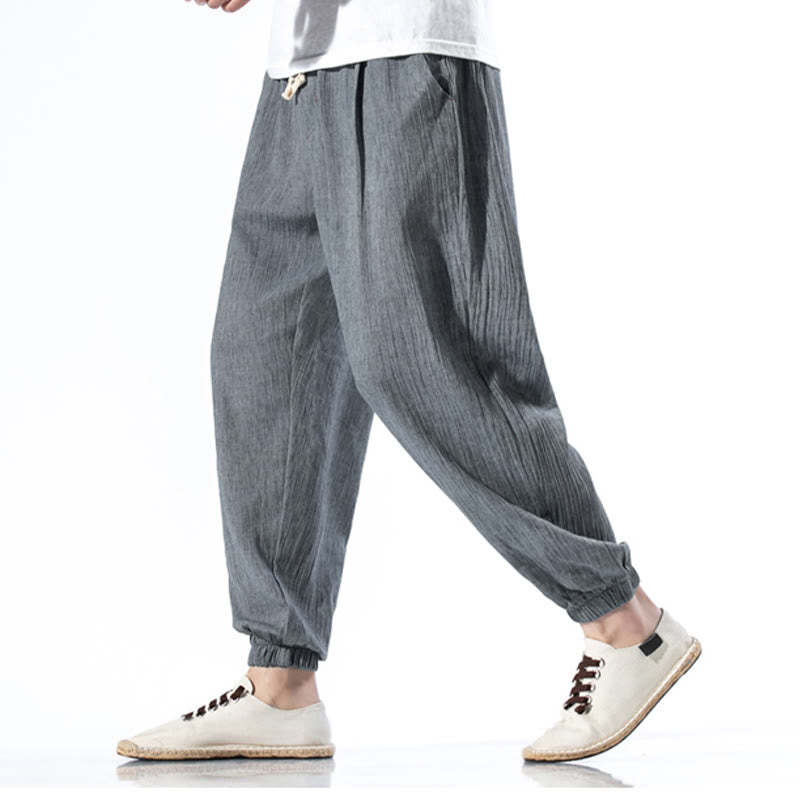 Casual Solid Color Drawstring Linen Men's Pants With Pockets