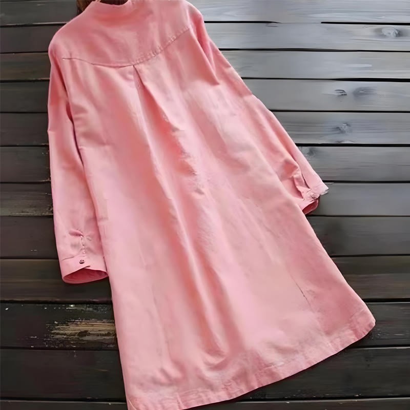 Solid Buttons Long Sleeve Cotton Linen Women's Shirt Dress With Pockets