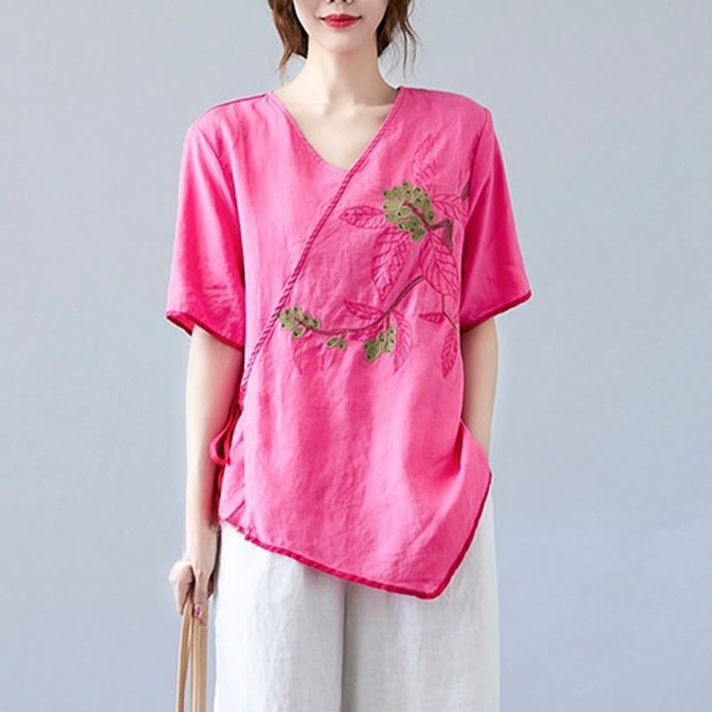 Summer Casual Ethnic Embroidery Flower Lace-up Short Sleeve V-neck Cotton Linen Women's T-Shirt