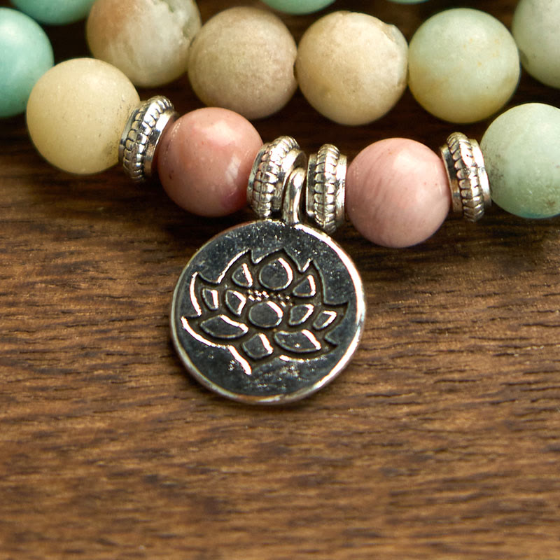 108 Mala Rhodonite Amazonite Beads Lotus Compassion Bracelet