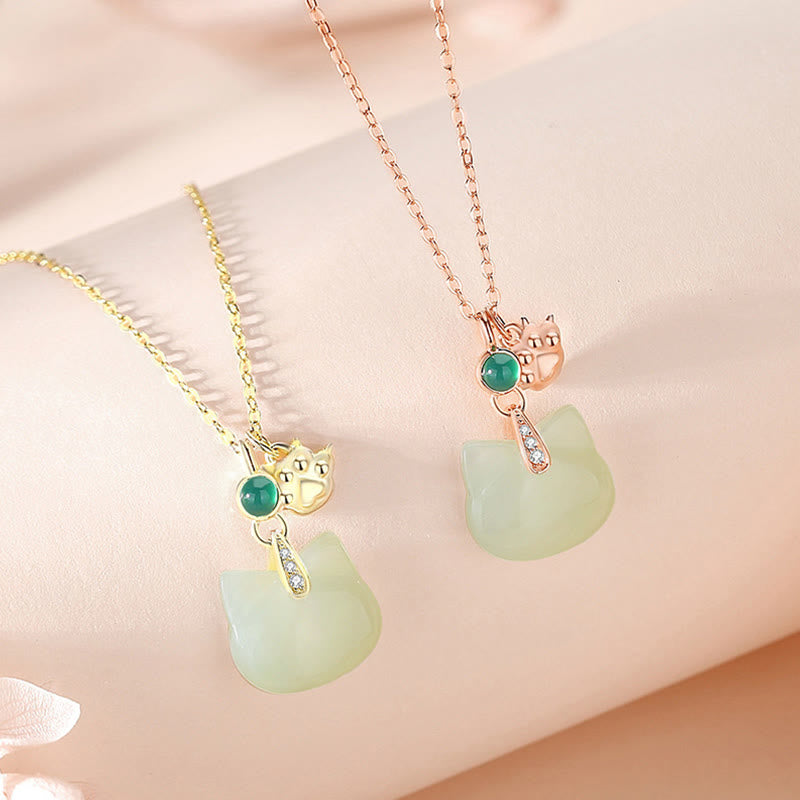 Hetian Jade 925 Sterling Silver Plated Gold Cat Head Cat Paw Abundance Necklace Pendant