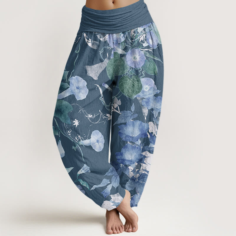 Entwined Morning Glories Pattern Women's Elastic Waist Harem Pants
