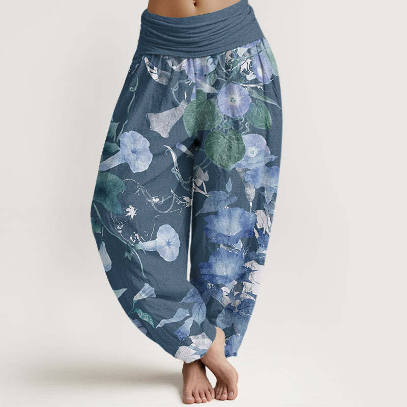 Entwined Morning Glories Pattern Women's Elastic Waist Harem Pants