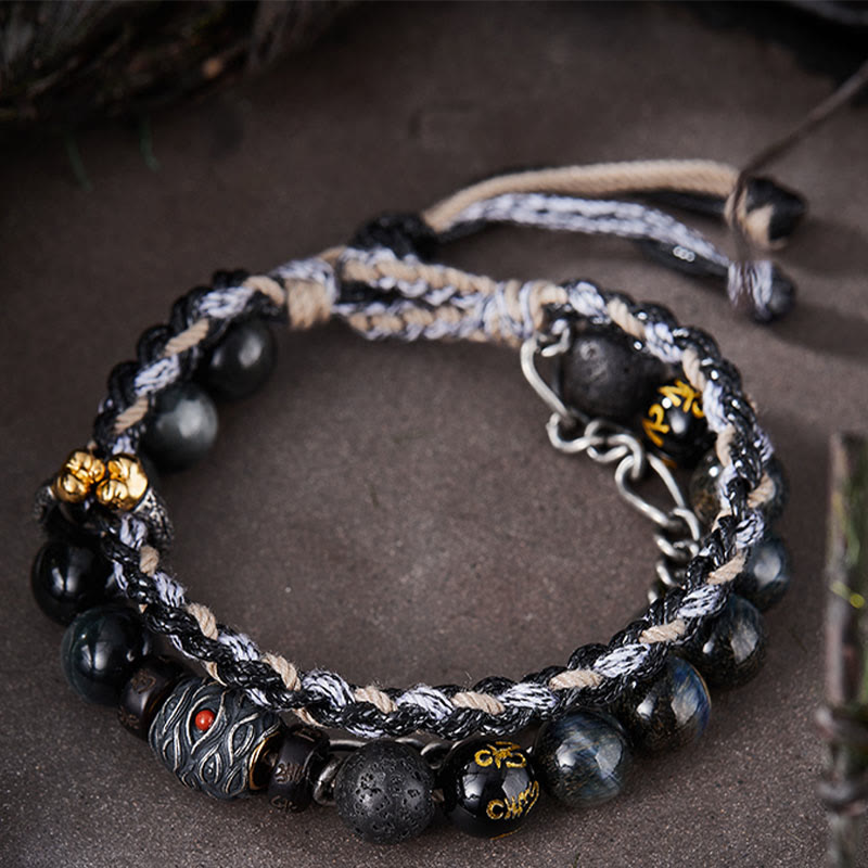 925 Sterling Silver Lava Rock Eagle's Eye Stone Lucky Beads Handmade Healing Bracelet