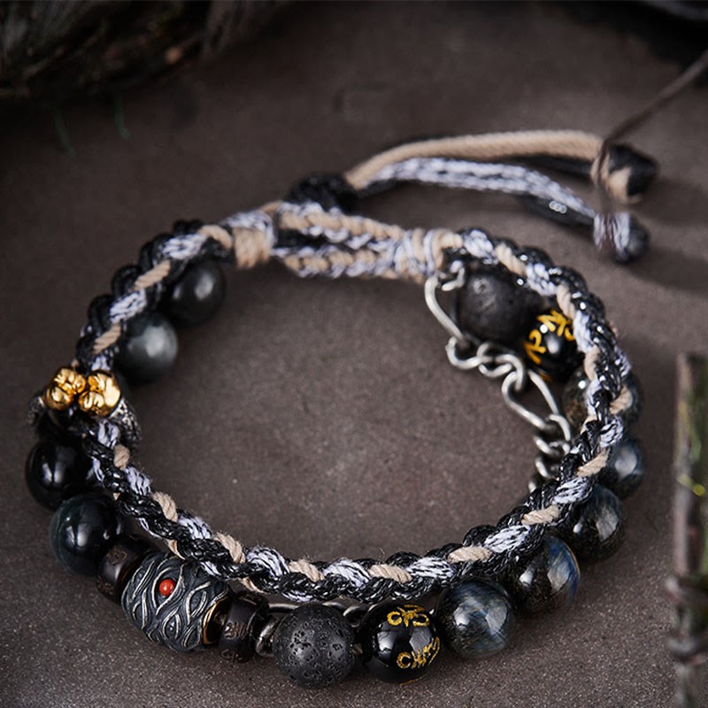 925 Sterling Silver Lava Rock Eagle's Eye Stone Lucky Beads Handmade Healing Bracelet