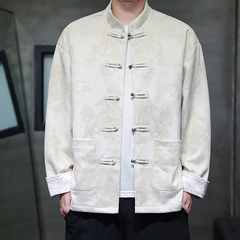 Chinese New Year Kirin Print Frog-button Tang Suit Men's Jacket Shirt With Pockets