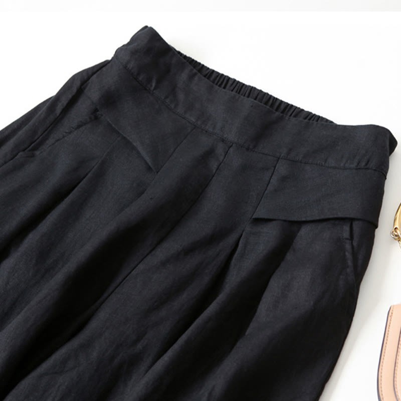 Plain Color Cotton Linen High Waist Wide Leg Pants With Pockets