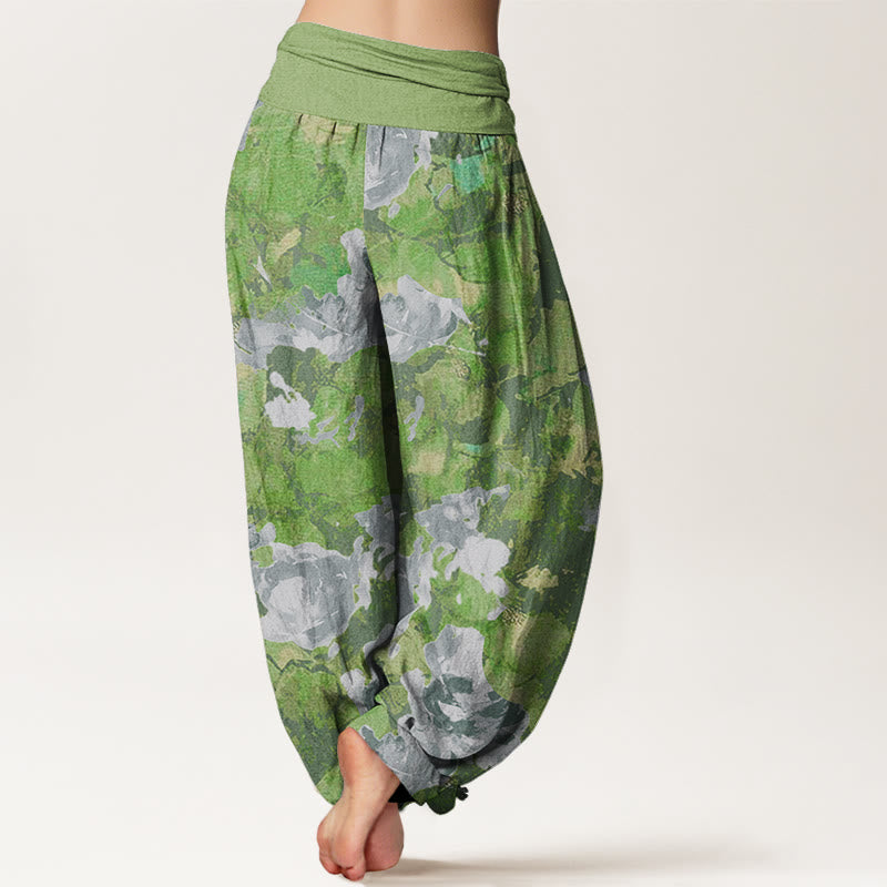 Rose Flowers Pattern Women's Elastic Waist Harem Pants