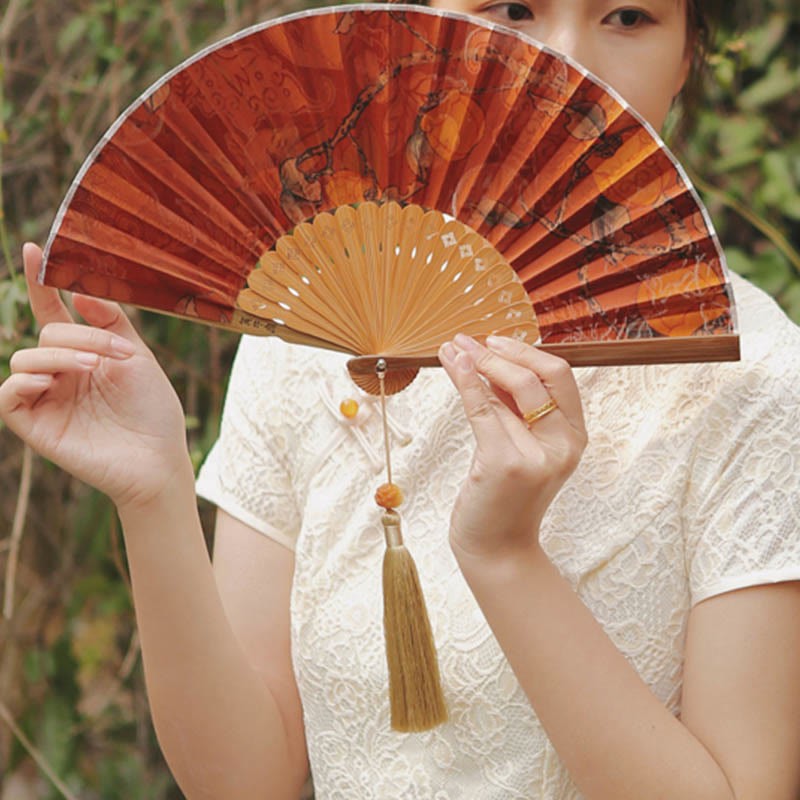 Flower Persimmon Bamboo Leaves Xiangyunsha Silk Handheld Bamboo Folding Fan