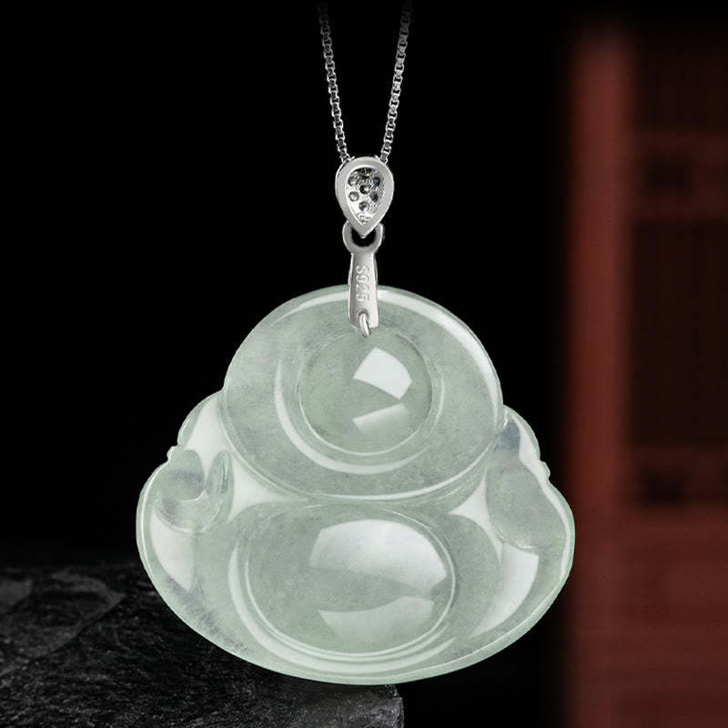 925 Sterling Silver Natural Jade Laughing mystic zen Prosperity Abundance Chain Necklace Pendant