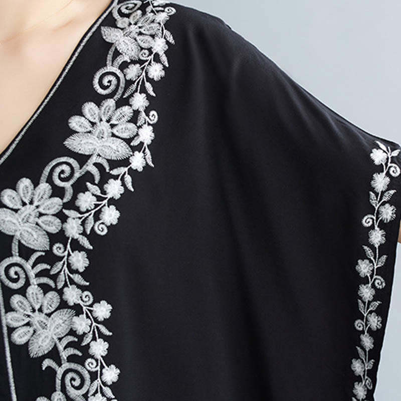 Summer Embroidery Flower V-Neck Short Sleeve Maxi Dress