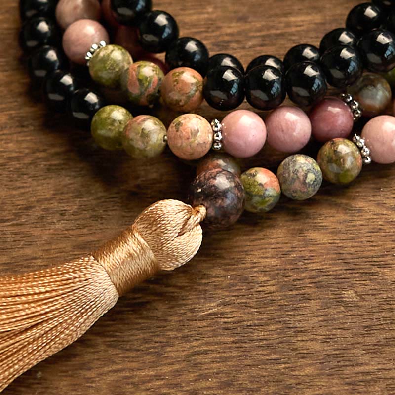 108 Mala Beads Black Jasper Rhodonite Khaki Tassel Healing Bracelet