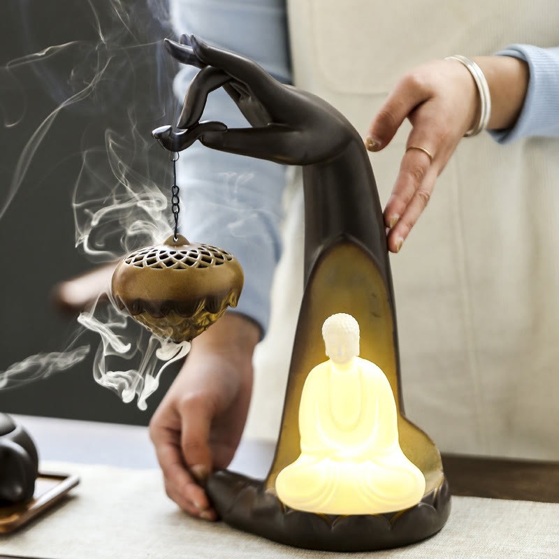 Led mystic zen Hand Backflow Smoke Fountain Healing Ceramic Stick Incense Burner Decoration
