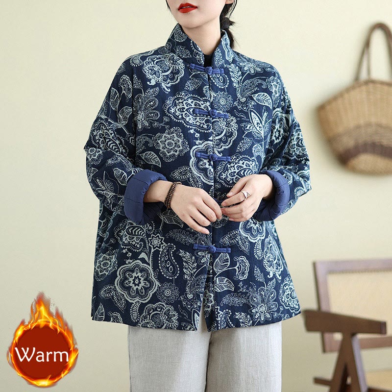 Winter Blue And White Flowers Warm Frog Button Design Long Sleeve Cotton Jacket