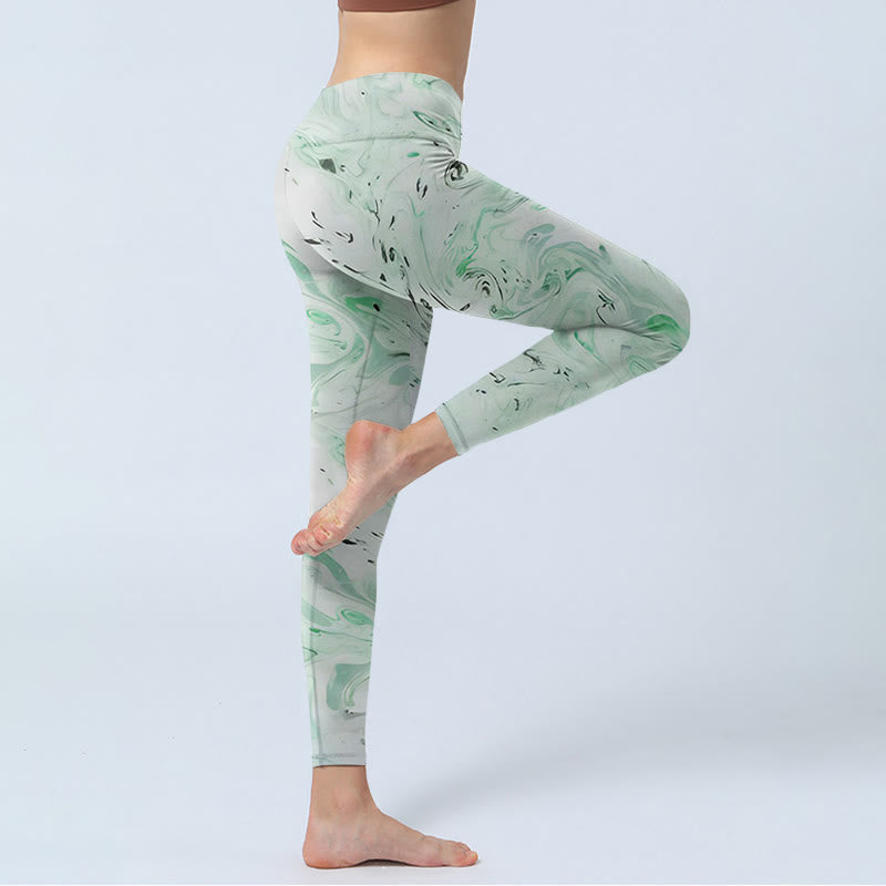 Honeydew Green White Flow Line Print Exercise Leggings Women's Yoga Pants
