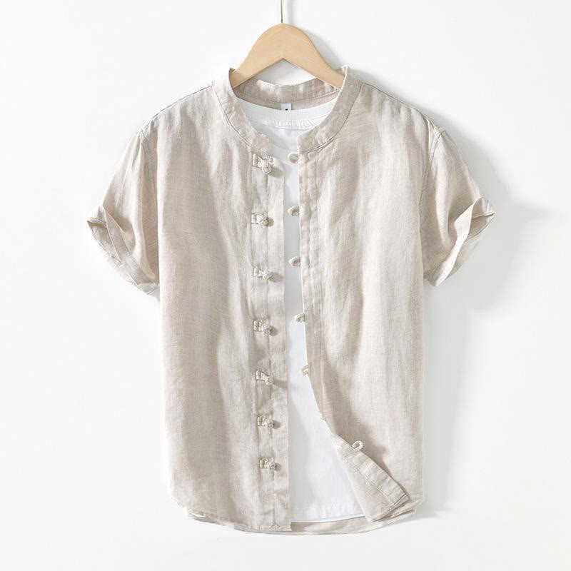 Daily Frog-Button Stand Collar Short Sleeve Linen Men's Shirt