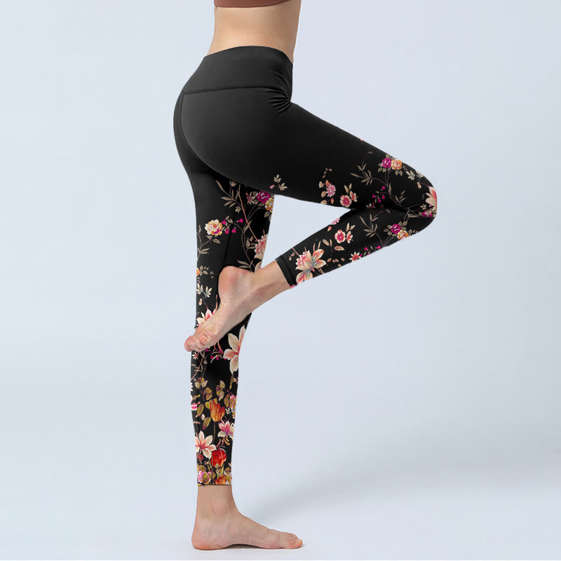 Pink Roses Beige Flowers Print Gym Fitness Leggings Women's Yoga Pants