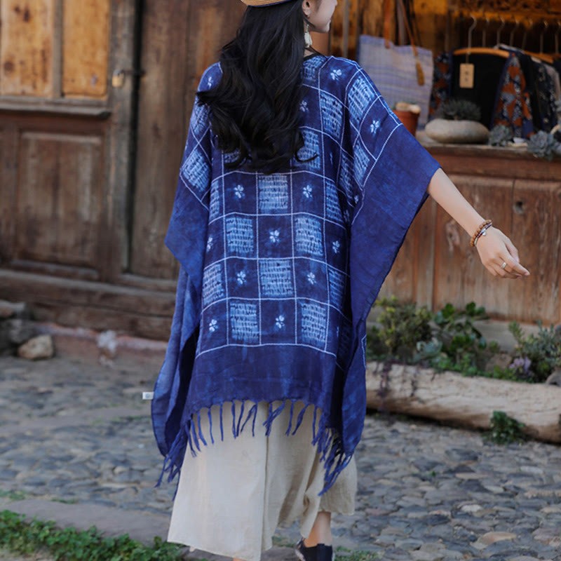 Blue Color Block Plaid Shawl Tassels Soft Pullover 90*95cm