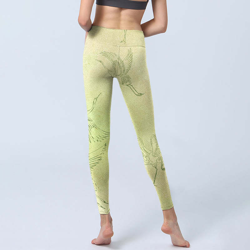 Light Yellow Crane Print Sports Leggings Women's Yoga Pants
