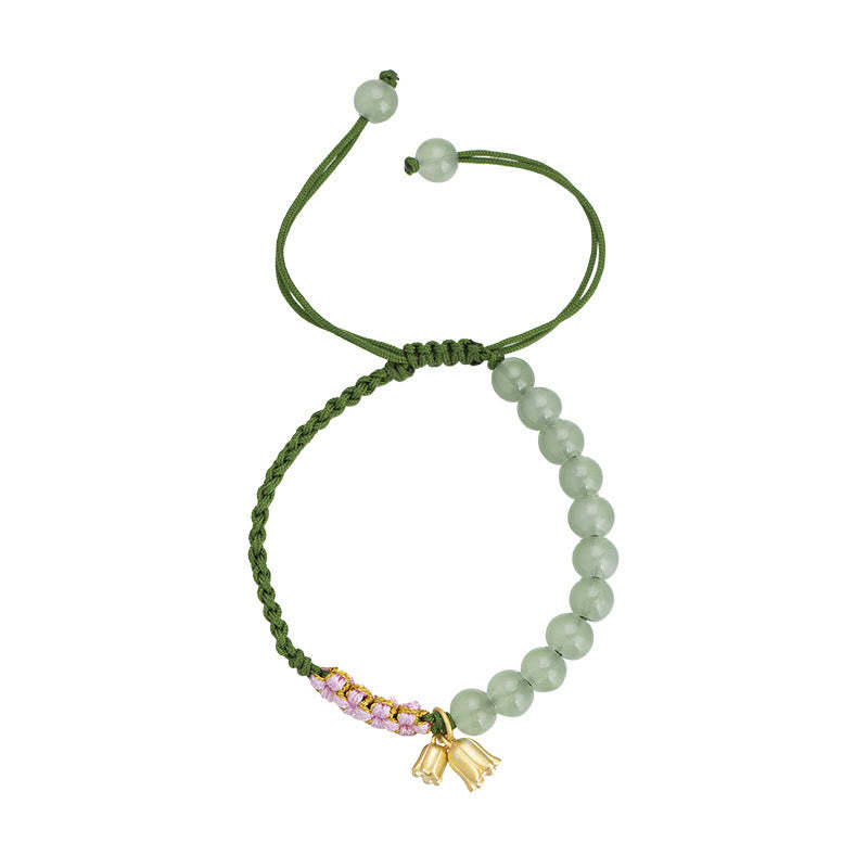 Handmade Jade Bead Lily of the Valley Charm Luck Braided Bracelet