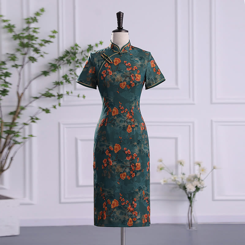 Retro Flower Lotus Peony Feather Print Qipao Dress Women's Cheongsam Dress
