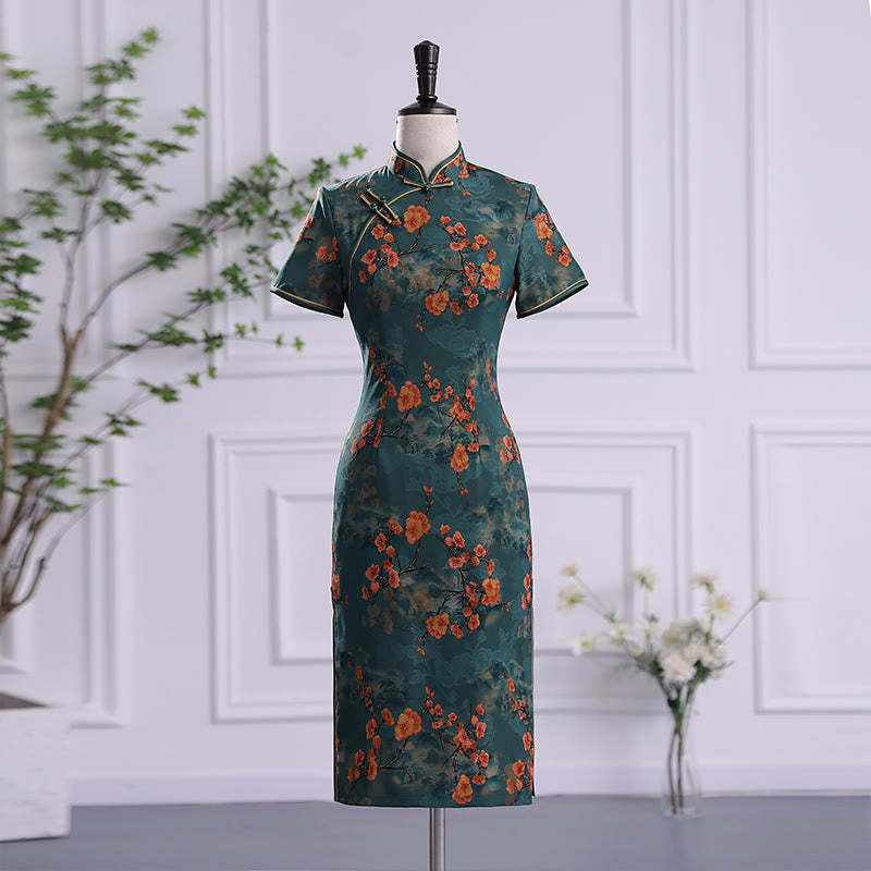 Retro Flower Lotus Peony Feather Print Qipao Dress Women's Cheongsam Dress