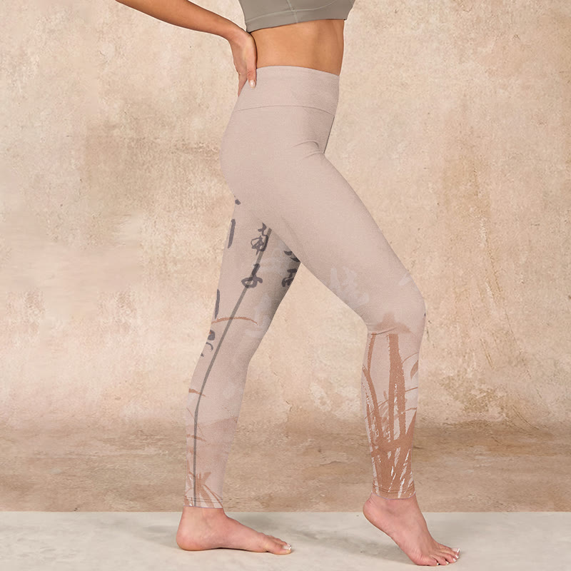 Calligraphy Orchid Print Gym Leggings Women's Yoga Pants