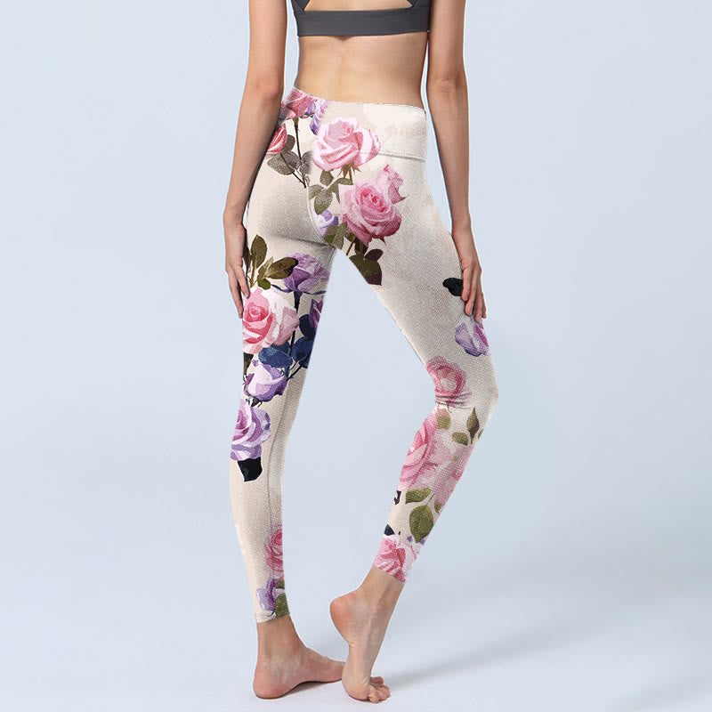 Beige Rose Flowers Print Gym Leggings Women's Yoga Pants