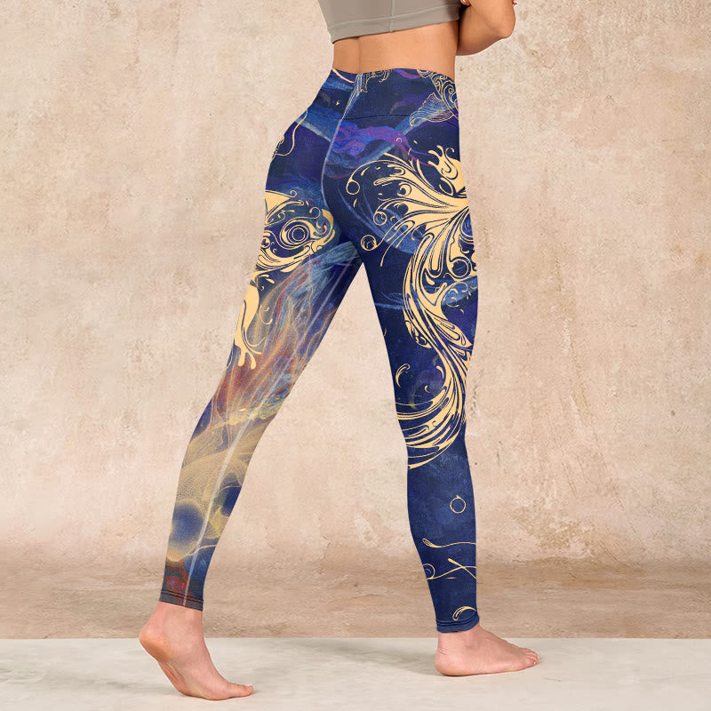 Blue Koi Fish Auspicious Clouds Print Gym Leggings Women's Yoga Pants