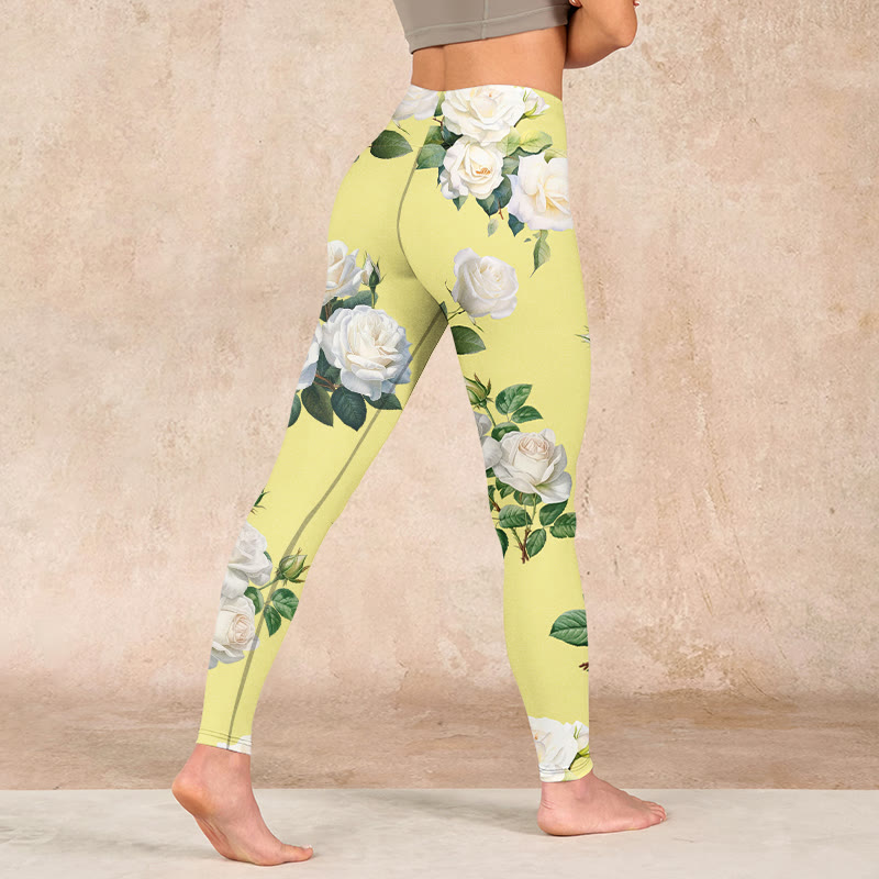Yellow White Rose Print Sports Leggings Women's Yoga Pants