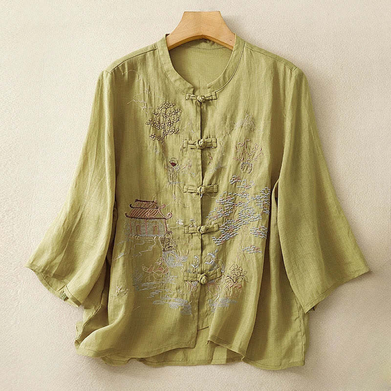 Casual Women's Frog-Button Embroidered Plant Crew Neck Design Three Quarter Sleeve Cotton Shirt