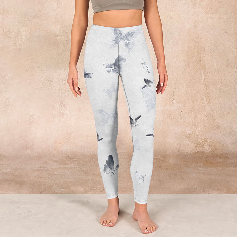 White Gray Butterfly Print Sports Leggings Women's Yoga Pants