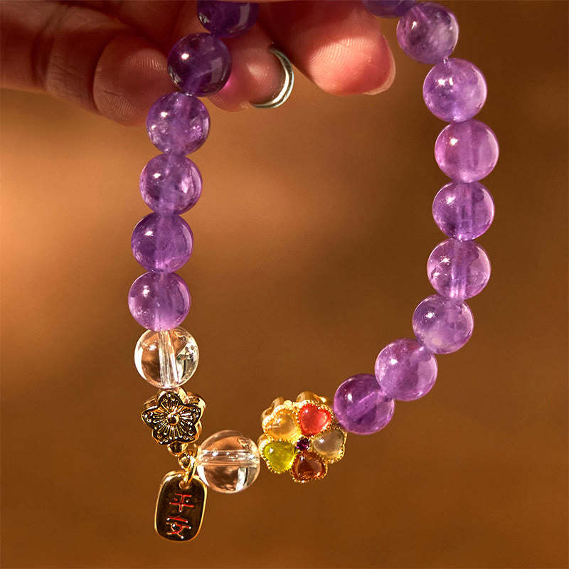 Natural Amethyst White Crystal Flower Healing Safe And Well Charm Bracelet