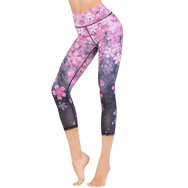 Lotus Cherry Blossom Gradient Peacock Print Lycra Fabric Sports Cropped Leggings Women's Yoga Capri Pants