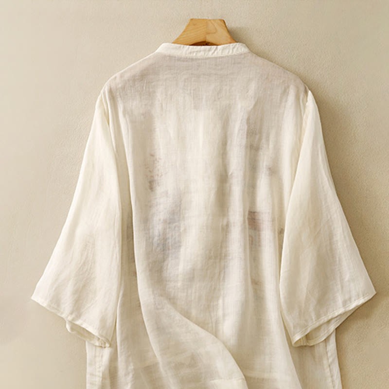 Casual Women's Frog-Button Embroidered Plant Crew Neck Design Three Quarter Sleeve Cotton Shirt