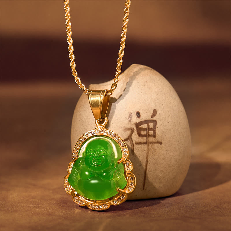 18K Gold Filled Laughing mystic zen Jade Luck Necklace Chain Pendant