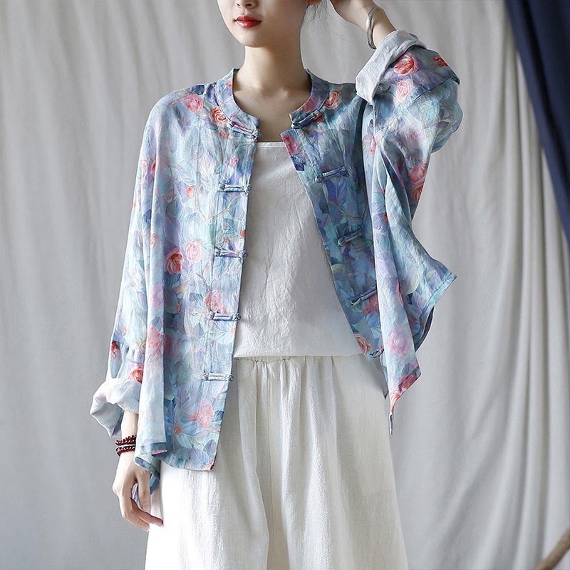 Pink Flowers Green Leaves Print Frog-button Design Long Sleeve Ramie Linen Jacket Shirt
