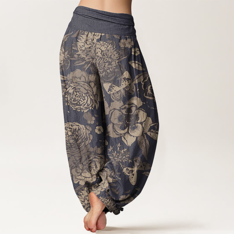 Casual Peony Flowers Leaves Women's Elastic Waist Harem Pants