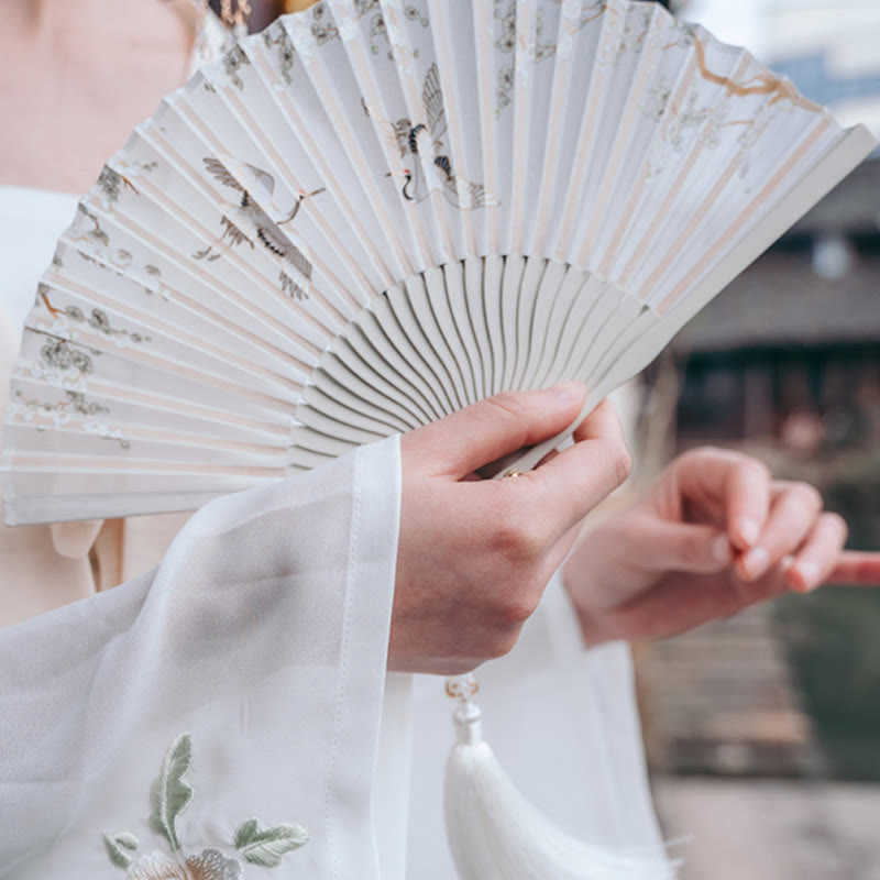 Crane Plum Blossom Handheld Silk Bamboo Folding Fan