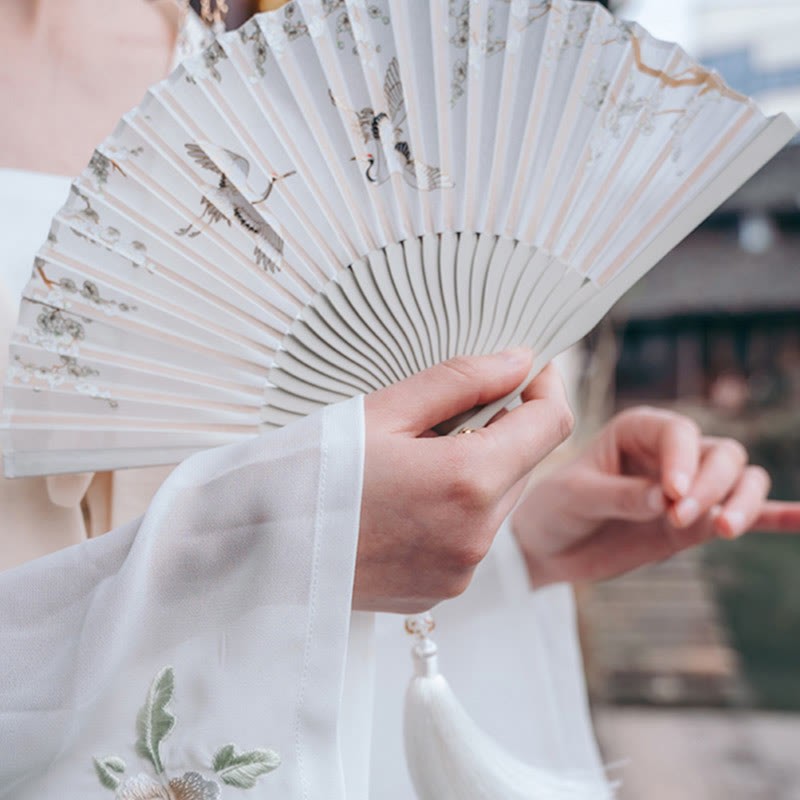 Crane Plum Blossom Handheld Silk Bamboo Folding Fan