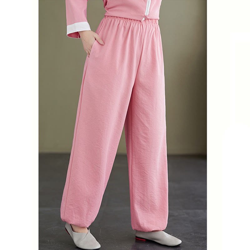 2Pcs Vintage Long Sleeve Shirt Top Pants Meditation Zen Tai Chi Cotton Linen Clothing Women's Set