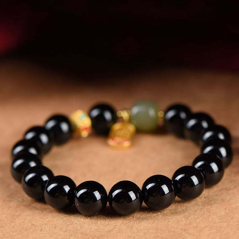 Black Onyx Hetian Jade Bead Lucky Fortune Charm Bracelet