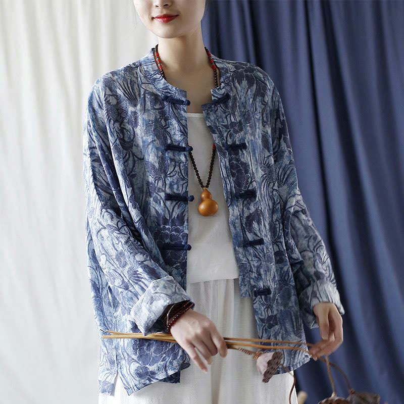 Retro Blue White Flowers Frog-Button Design Long Sleeve Ramie Linen Jacket Shirt