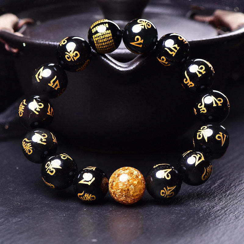Six True Words Om Mani Padme Hum Rainbow Obsidian Gold Foil Creativity Bracelet