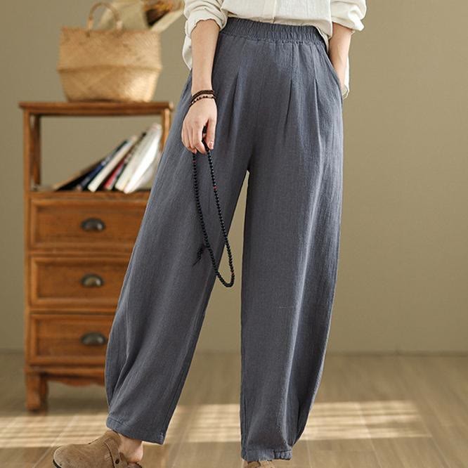 Casual Solid Color Tapered Elastic Waistband Cotton Linen Women's Pants With Pockets