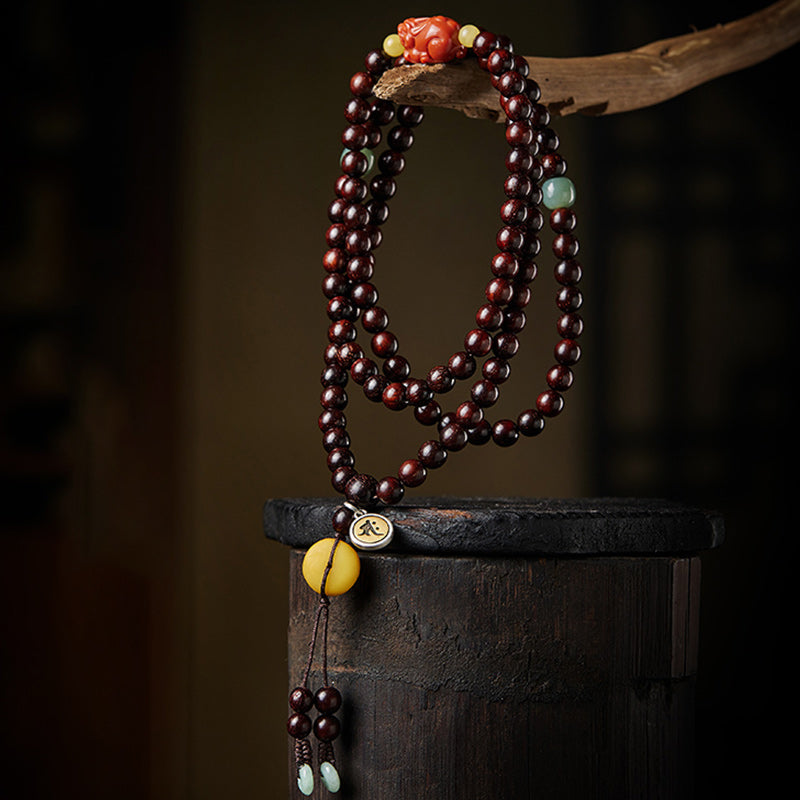 Chinese Zodiac Natal mystic zen 108 Mala Beads Small Leaf Red Sandalwood Red Agate PiXiu Protection Bracelet