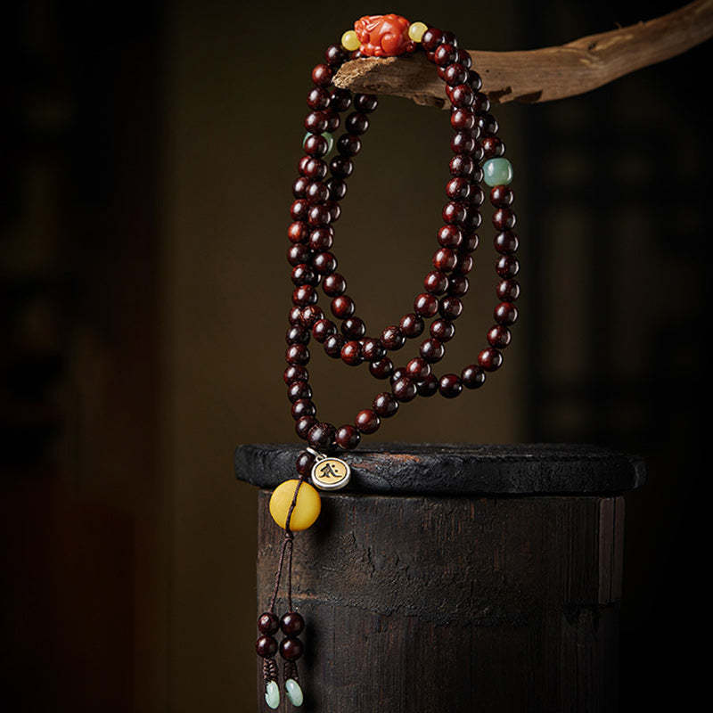 Chinese Zodiac Natal mystic zen 108 Mala Beads Small Leaf Red Sandalwood Red Agate PiXiu Protection Bracelet