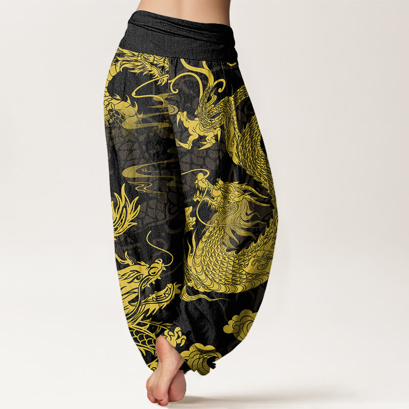 Dragon Auspicious Clouds Women's Elastic Waist Harem Pants