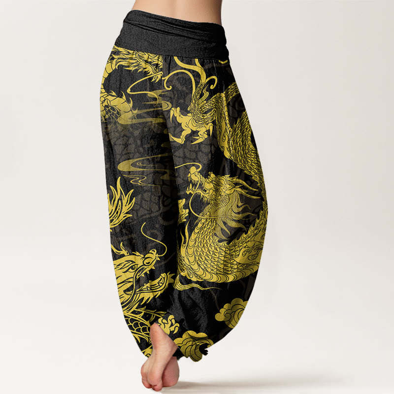 Dragon Auspicious Clouds Women's Elastic Waist Harem Pants