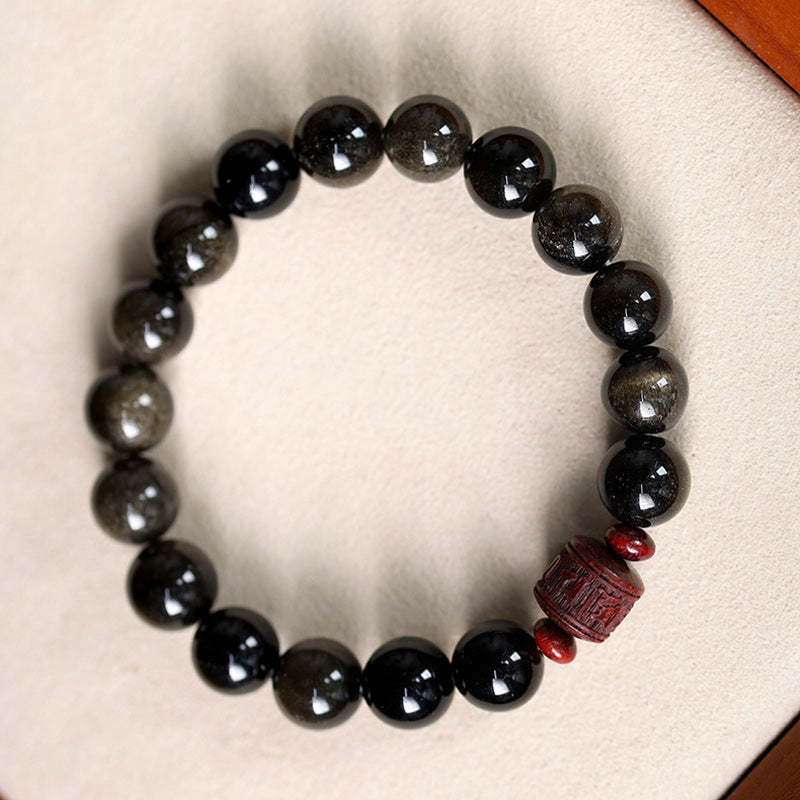 Natural Gold Sheen Obsidian Rainbow Obsidian Om Mani Padme Hum Fu Character Healing Bracelet